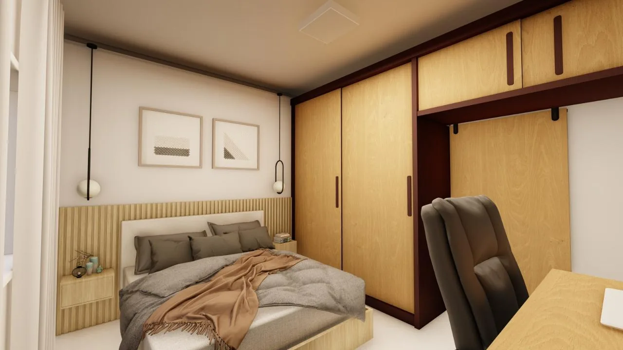 Dormitório com cama, painel ripado, armário em madeira e escrivaninha